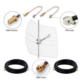 Комплект посилення сигналу 3G/4G LTE MIMO Kroks KNA27-1700/2700 27 dBi + 2 кабелі по 5 метрів + перехідники TS9